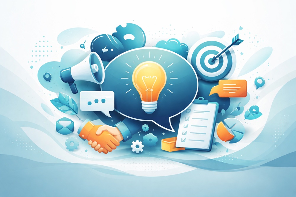 Symbole wie Glühbirne, Klemmbrett, Zielscheibe, Sprechblase etc. gezeichnet