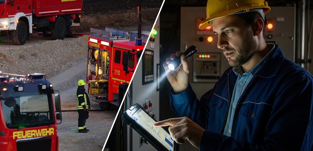 zweigeteiltes Bild, links ein Feuerwehrwagen mit einem Feuerwehrmann, rechts ein Mann mit Bauhelm, Taschenlampe und Tablet
