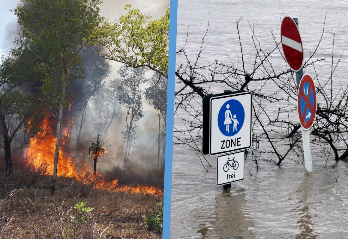 geteiltes Foto, links Waldbrand, rechts Straßenschilder ragen aus einem Hochwasser