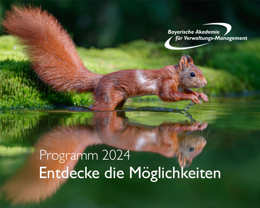 Eichhörnchen springt übers Wasser, es spiegelt sich an der Wasseroberfläche, Text: Entdecke die Möglichkeiten, Programm 2024