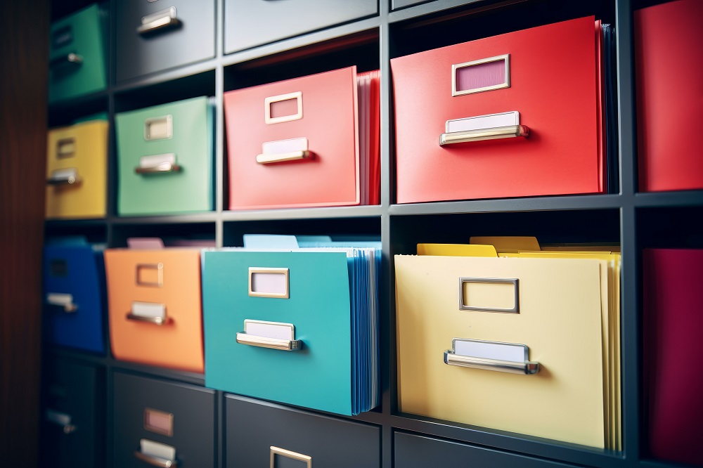 bunte Registerkartons in einem Regal