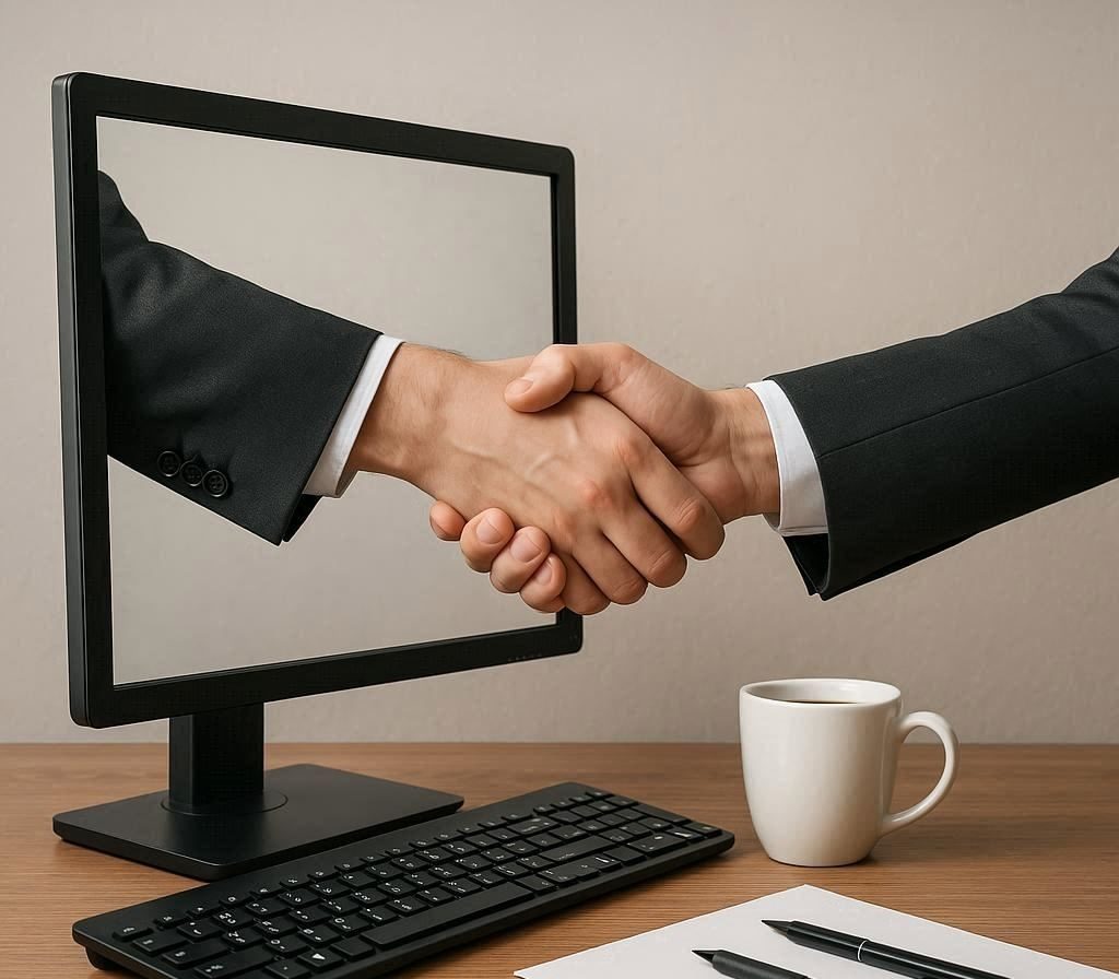 ein Männerarm kommt aus dem Monitor und schüttelt die Hand vor dem Monitor