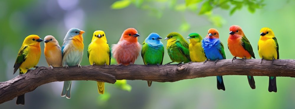 Bunte Vögel sitzen auf einem Ast im Regenwald