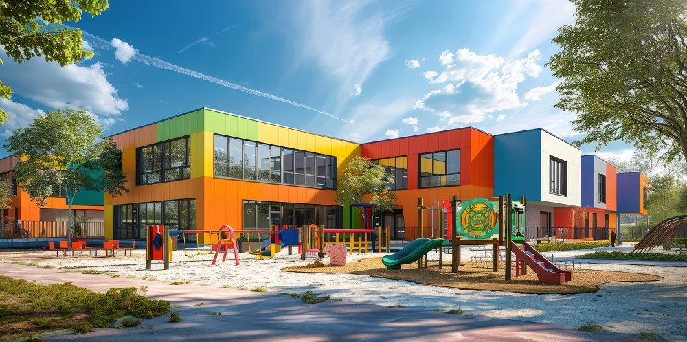 Bunter Kindergarten mit Spielplatz