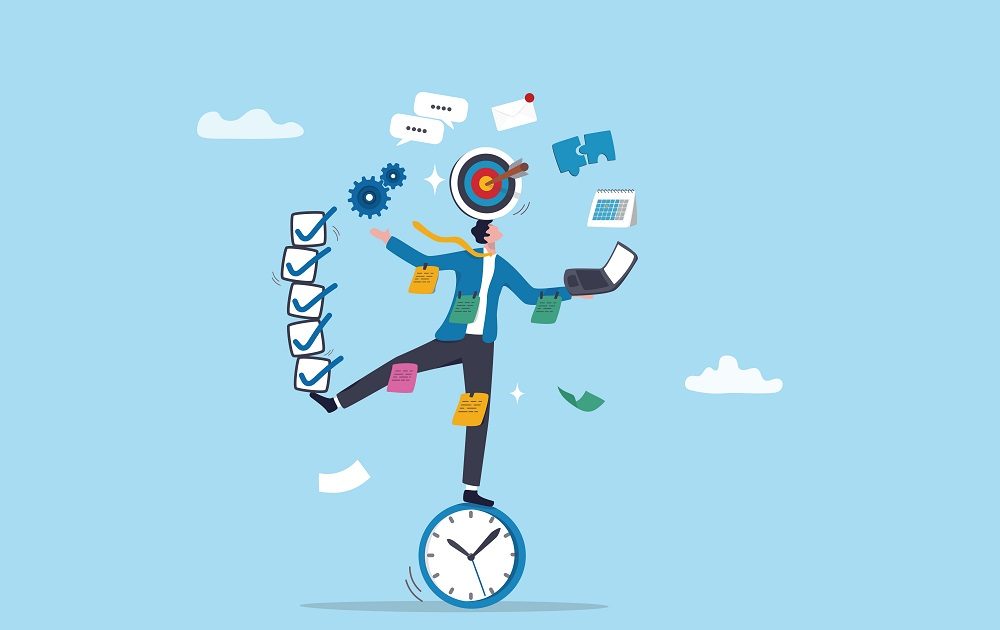 gezeichnetes Bild, Mann balanciert auf Uhr und jongliert mit mit Laptop, Kalender, Post etc.