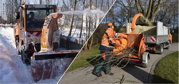 zweigeteiltes Foto, Links eine Schneefräse, rechts ein Hexler