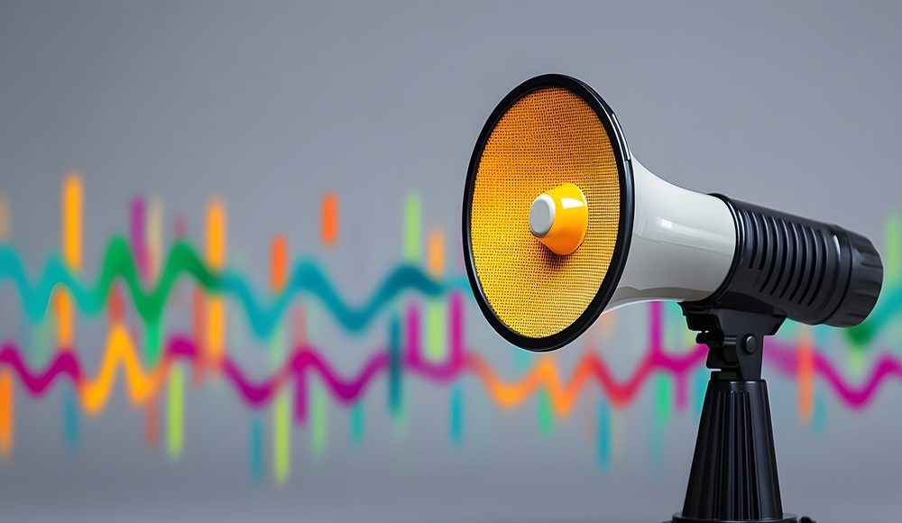 Megaphone mit farbigen Schallwellen