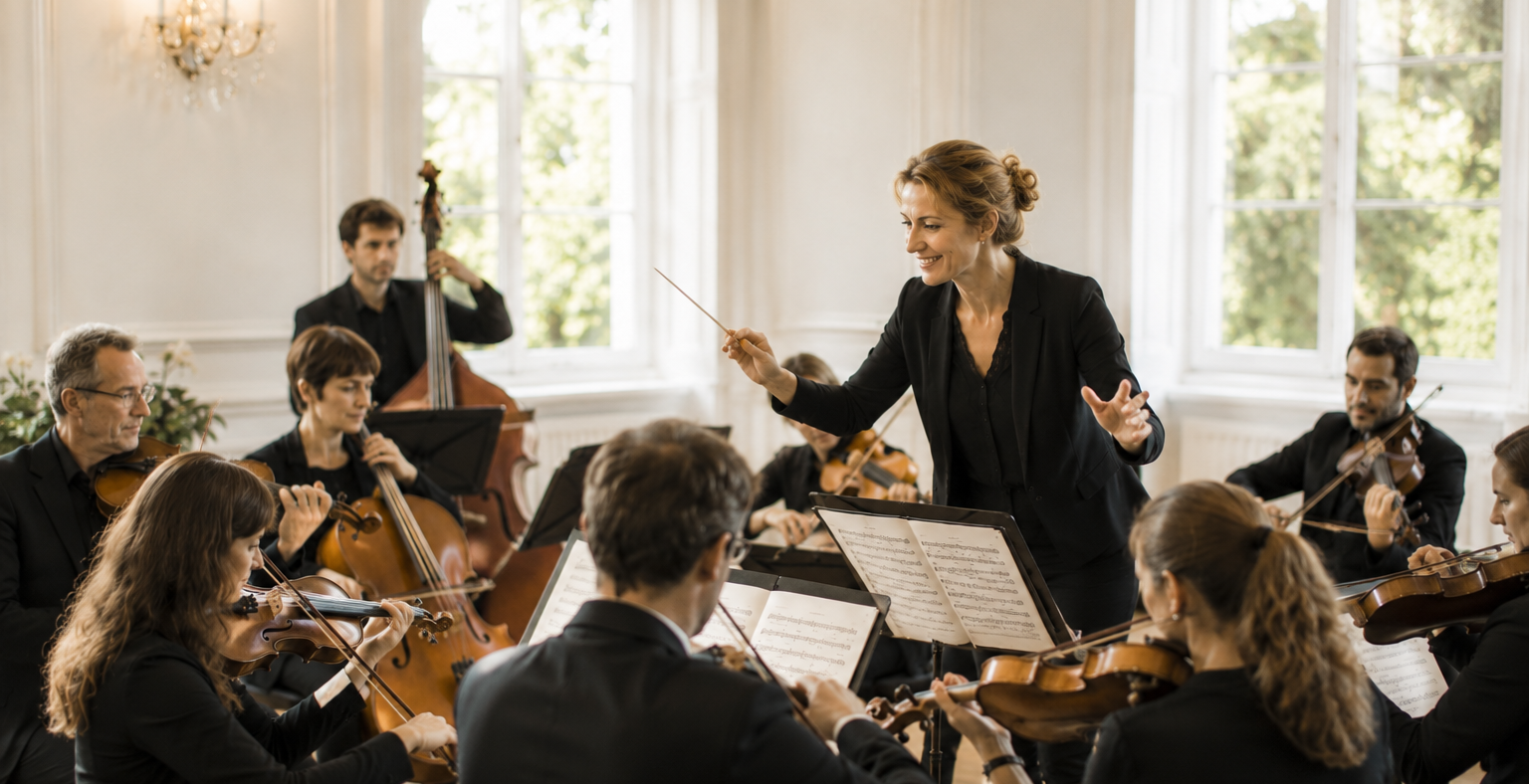 Dirigentin vor einem kleinen Orchester