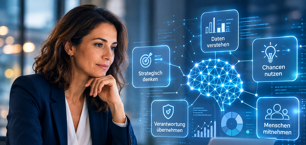 Frau am Laptop, digital sieht man ein Gehirn mit verschiedenen Sprechblasen