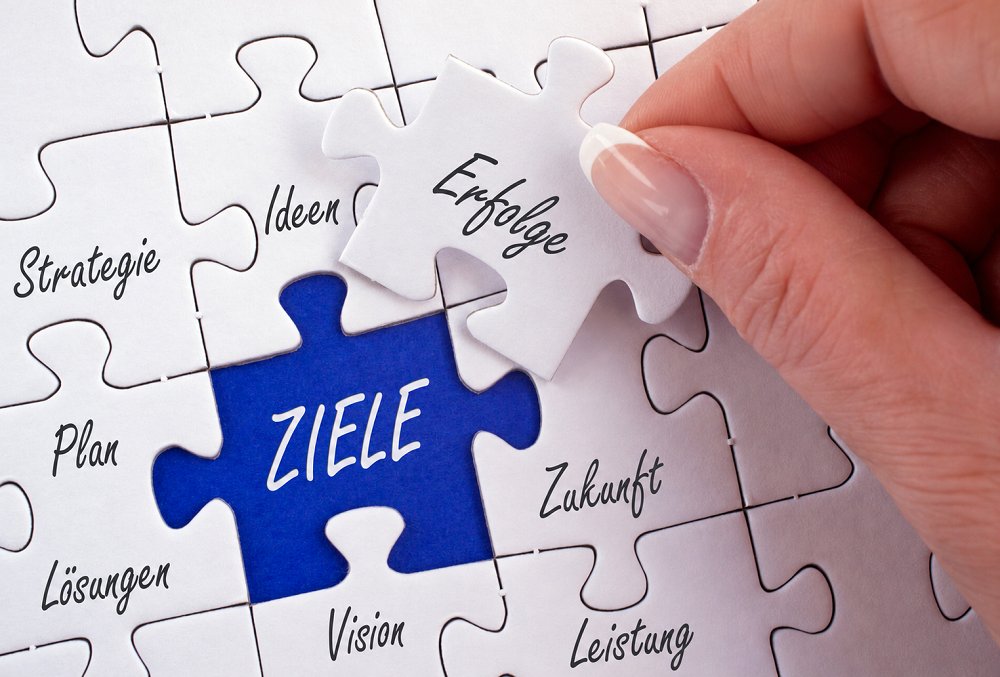 Puzzle mit Schlagworten wie Ziele, Erfolge etc.