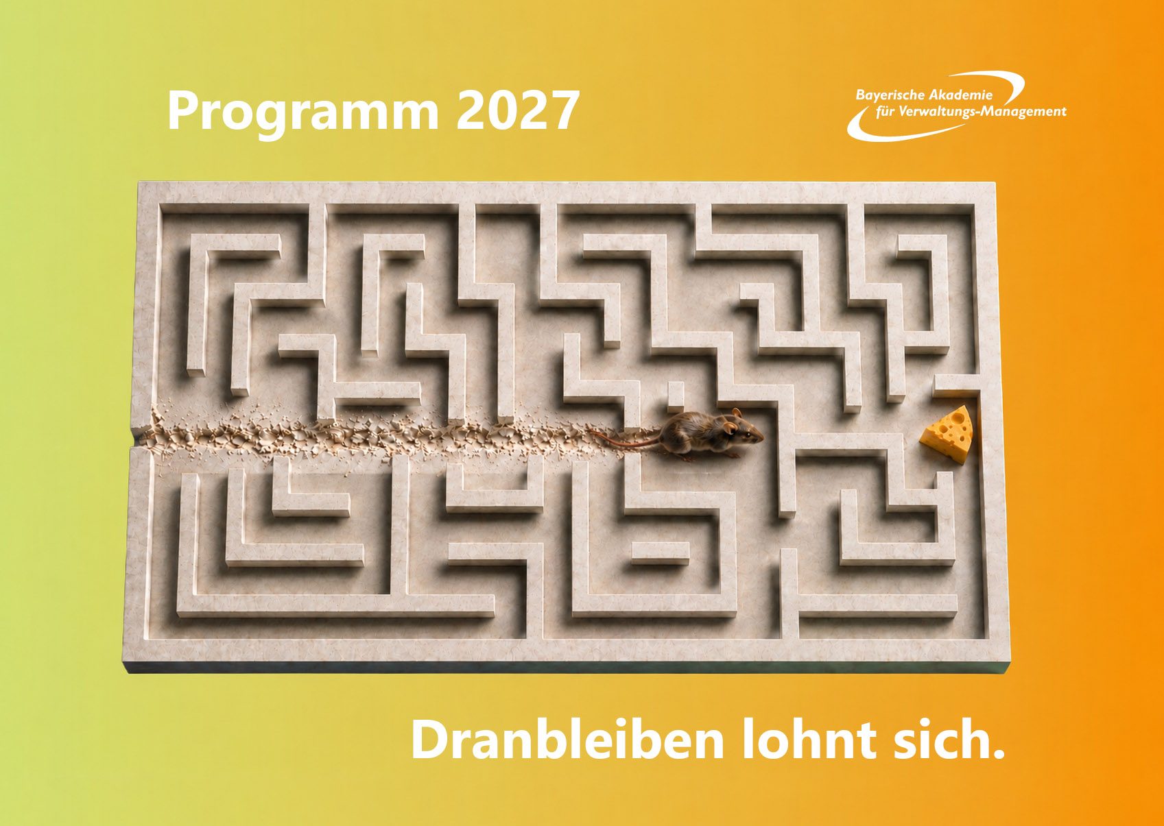 Holzlabyrinth mit Käse am Ziel, eine Maus frisst sich gerade durch das Holz in Richtung Käse