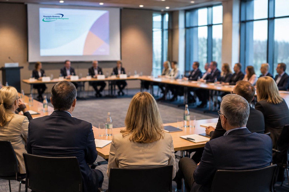 Tagungssaal mit Tischrunde und Präsentation an der